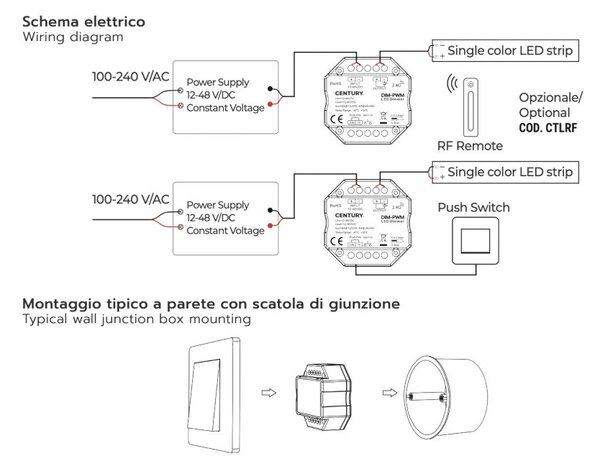Century DIM-PWM Dimmer Single Color per Striscia Led 24V Push-Dim Abbinabile al Telecomando CTLRF