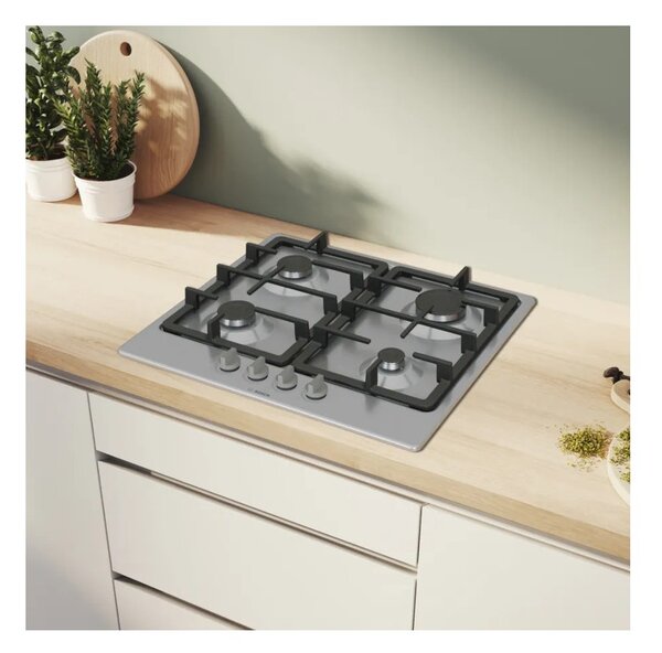 Bosch PGP6B5K90 Inox Piano Cottura Gas 60cm Comandi Frontali Sicurezza Fuochi Griglie Ghisa Serie4