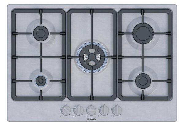 Bosch PGQ7B5K90 Inox Piano Cottura Gas 75cm 5 Fuochi Bruciatore turboWok Griglie Ghisa Serie4