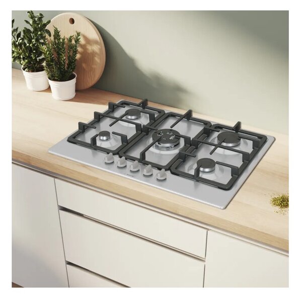 Bosch PGQ7B5K90 Inox Piano Cottura Gas 75cm 5 Fuochi Bruciatore turboWok Griglie Ghisa Serie4