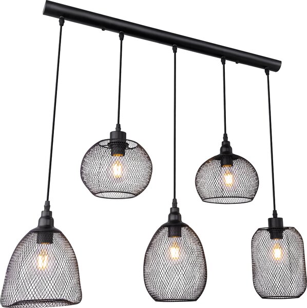 Lampada a sospensione Globo Lighting, struttura in metallo nero, cavo in PVC nero, altezza regolabile, 5 paralumi diversi, diametro: da 15 cm a 20 cm, dimensioni: 890x200x1200 mm, esclusa lampadina: 5 x E27 60W 230V