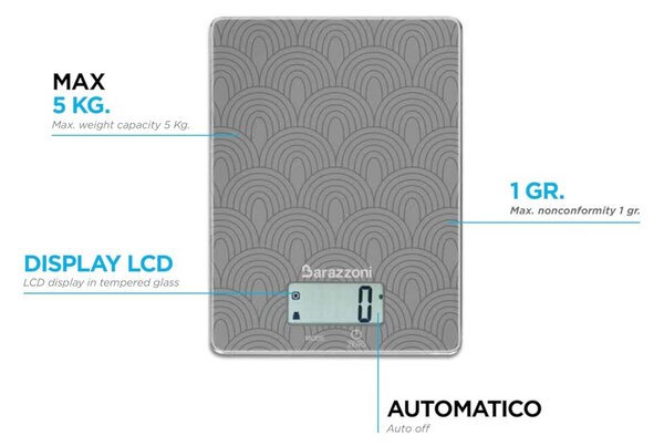 Barazzoni Bilancia da Cucina Silver Digitale Rettangolare 23x17cm Portata max 5kg Frazione 1g