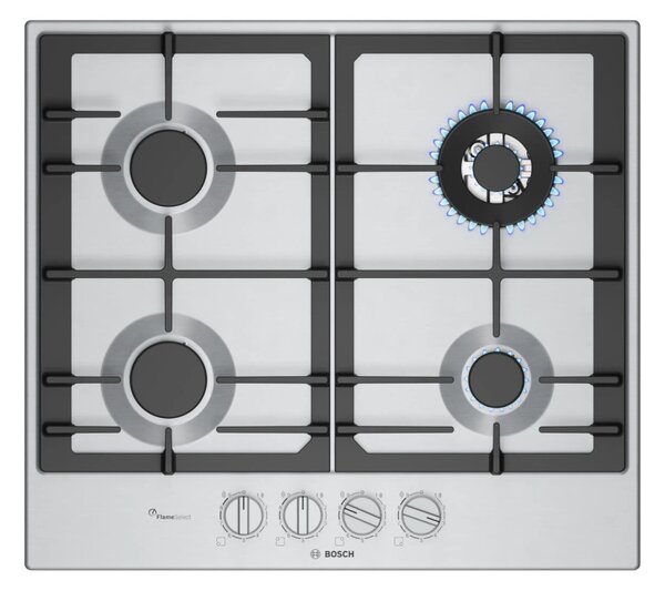 Bosch PCH6A5I90 Inox Piano Cottura Gas 60cm FlameSelect Bruciatore turboWok Manopole Magnetiche Serie6