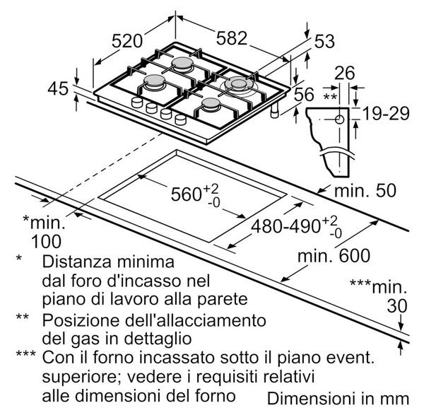 Bosch PCH6A5I90 Inox Piano Cottura Gas 60cm FlameSelect Bruciatore turboWok Manopole Magnetiche Serie6