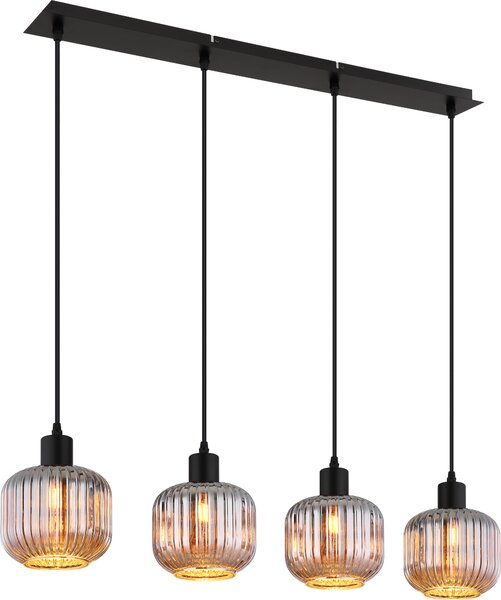 Lampada a sospensione NOWA, struttura in metallo nero opaco, vetro fumé, cavo in PVC nero, altezza regolabile, dimensioni: 808x150x1200 mm, esclusa lampadina (necessarie 4 lampadine E14 da 40W a 230V)