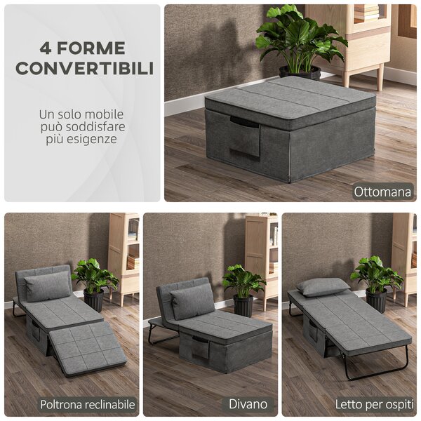 HOMCOM letto pieghevole 4 in1 salvaspazio con schienale reclinabile, pouf letto a 5 livelli multiuso, grigio | Aosom Italy
