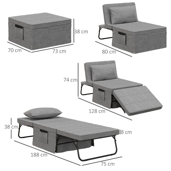 HOMCOM letto pieghevole 4 in1 salvaspazio con schienale reclinabile, pouf letto a 5 livelli multiuso, grigio | Aosom Italy