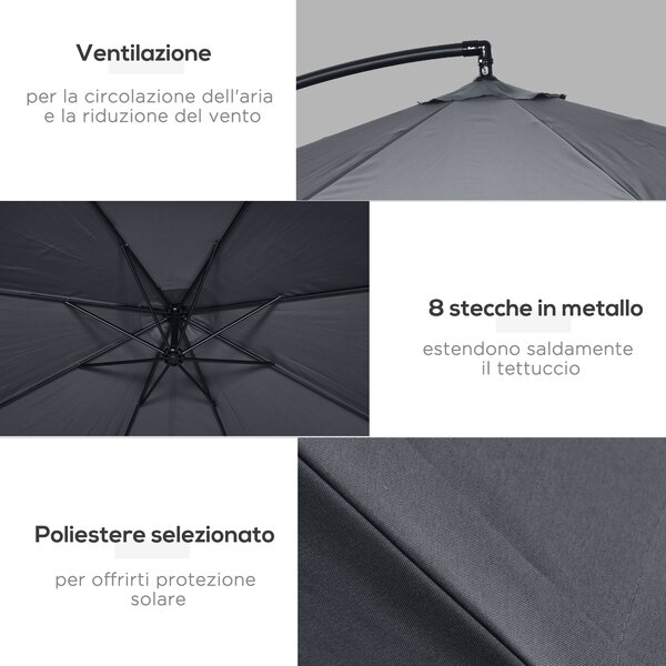 Outsunny Ombrellone da Giardino 3x3 m con Zanzariera, Apertura a Manovella e Base a Croce, Grigio Scuro