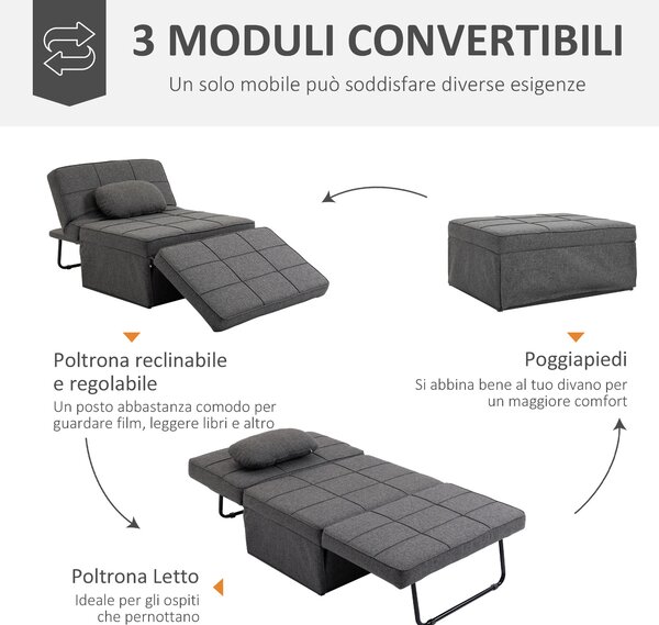 HOMCOM Poltrona Letto 4 in 1 con Schienale Regolabile in 5 posizioni, Cuscino e Imbottitura spessa, poggiapiedi ribaltabile, Grigio | Aosom Italy
