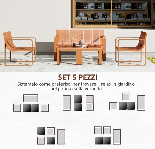 Set Giardino 5 Pezzi Outsunny - Divanetto, 2 Poltrone, 2 Tavolini, Polipropilene, Arancione