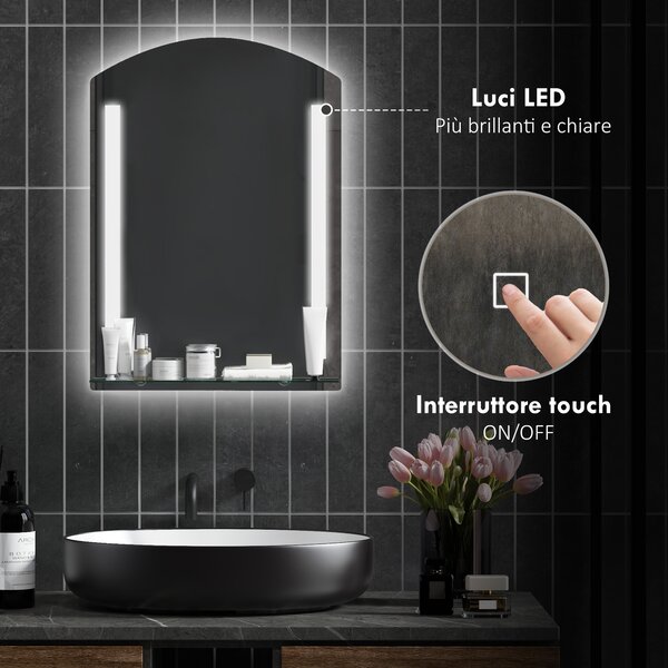 Kleankin Specchio Bagno da Parete Moderno con Illuminazione LED Regolabile a 3 Colori e Mensola in Vetro Elegante 50x12x70 cm Argento|Aosom Italy