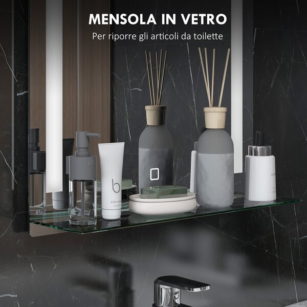 Kleankin Specchio Bagno da Parete Moderno con Illuminazione LED Regolabile a 3 Colori e Mensola in Vetro Elegante 50x12x70 cm Argento|Aosom Italy
