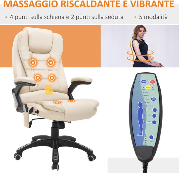 Homcom Sedia ufficio Ergonomica Poltrona Relax da Ufficio Massaggiante Con Riscaldamento in Ecopelle,altezza regolabili Beige|Aosom