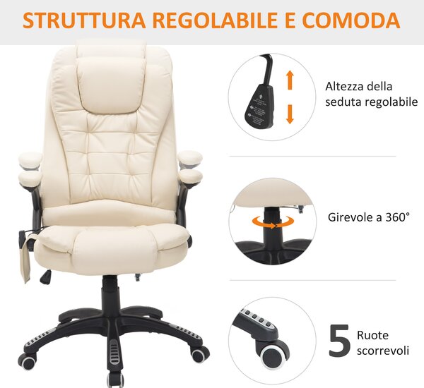 Homcom Sedia ufficio Ergonomica Poltrona Relax da Ufficio Massaggiante Con Riscaldamento in Ecopelle,altezza regolabili Beige|Aosom