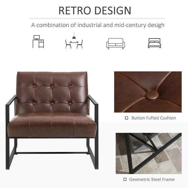 HOMCOM Poltrona Stile Industriale Trapuntata a Bottoni, Arredamento Moderno Poltroncina in Metallo e PU, 62x74x78cm Marrone