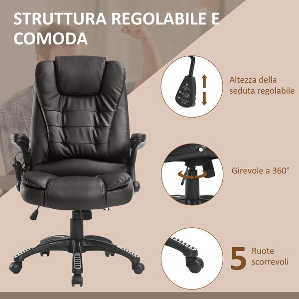 HOMCOM Poltrona Massaggianteriscaldamento ad Altezza Regolabile con 6 Punti Massaggianti, in PU, 62x68x111-121 cm, Marrone | Aosom Italy
