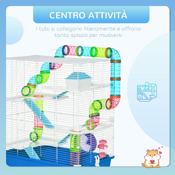 PawHut Gabbia Criceti a 5 Livelli con Tubi, Casetta, Serbatoio e Ruota, in Acciaio, PP e PS, 59x36x69 cm, Blu e Bianca