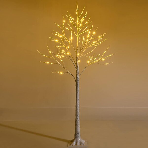 Costway Albero artificiale illuminato con rami di betulla, Albero di Natale bianco con luci LED calde e bianche 150cm