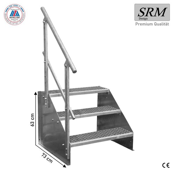 Scala a tre gradini, modello 1, zincata, larghezza 90 cm, altezza 63 cm. 1 corrimano angolare