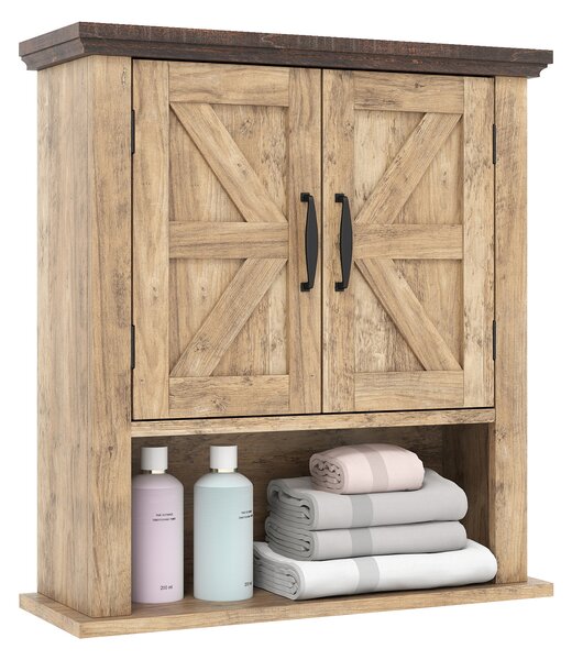 Costway Armadietto medicinali ante bagno muro rustico ripiano regolabile, Armadietto scomparto aperto organizzatore parete soggiorno cucina ingresso Naturale
