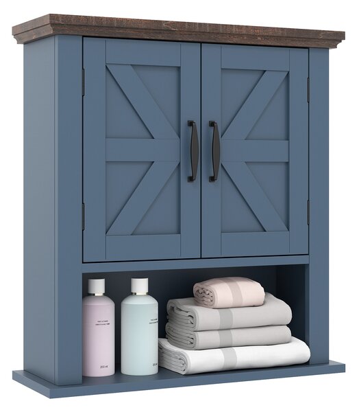 Costway Armadietto medicinali ante bagno muro rustico ripiano regolabile, Armadietto scomparto aperto organizzatore parete soggiorno cucina ingresso Blu