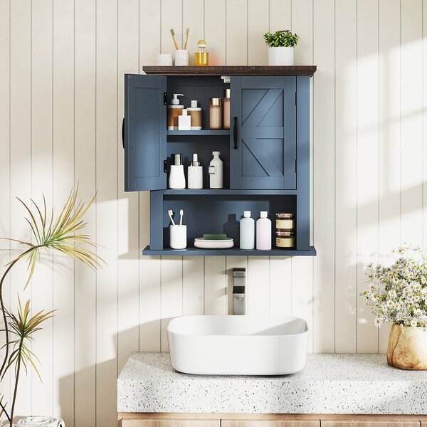 Costway Armadietto medicinali ante bagno muro rustico ripiano regolabile, Armadietto scomparto aperto organizzatore parete soggiorno cucina ingresso Blu