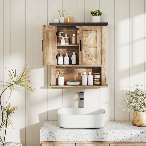 Costway Armadietto medicinali ante bagno muro rustico ripiano regolabile, Armadietto scomparto aperto organizzatore parete soggiorno cucina ingresso Naturale