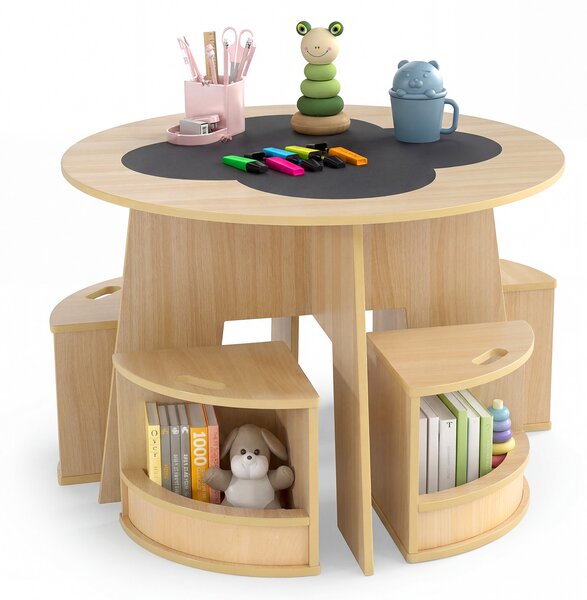 Costway Set tavolo e sedie per bambini 5 pezzi con ripiano di stoccaggio, Tavolo rotondo per gioco e attività Naturale