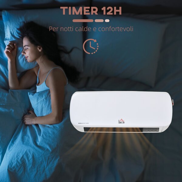 HOMCOM Stufa Ceramica1000W/2000W Elettrica a Parete con Telecomando, Temperatura Regolabile e Timer 12 Ore, Bianco | Aosom Italy