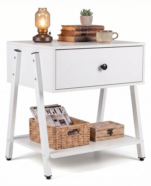 Costway Comodino a 3 piani con cassetto e ripiano aperto tavolino da letto con struttura a forma di A, Tavolino moderno per camera da letto e soggiorno