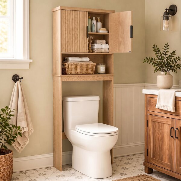 Costway Mobiletto salvaspazio per lavatrice con 2 ante scomparto aperto ripiano regolabile, Mobile da bagno sopra wc in legno armadietto per bagno e lavanderia