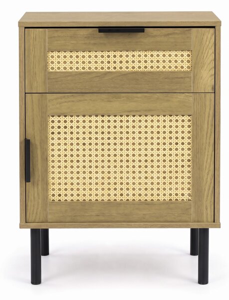 Costway Comodino camera da letto in rattan con cassetto per soggiorno gambe in metallo rialzate e 2 kit antiribaltamento, Tavolino laterale salvaspazio con armadietto