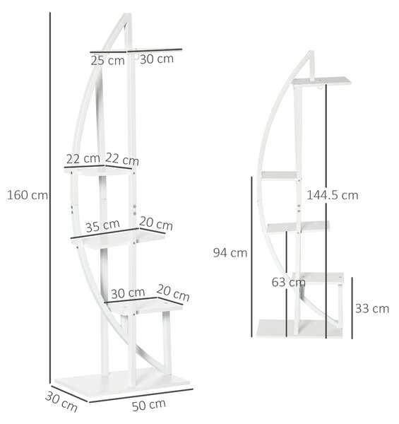 Outsunny Portafiori a 5 Livelli a Mezzaluna per Interni ed Esterni in MDF e Acciaio, 50x30x160 cm, Bianco|Aosom
