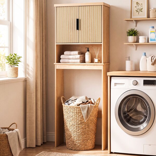 Costway Mobiletto salvaspazio per lavatrice con 2 ante scomparto aperto ripiano regolabile, Mobile da bagno sopra wc in legno armadietto per bagno e lavanderia