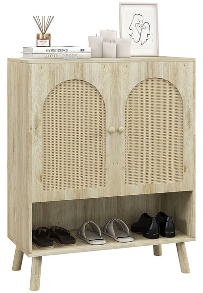 HOMCOM Mobile Multiuso in Stile Boho con Ante in Rattan e Ripiano Aperto, 80x38x100cm, Rovere|Aosom