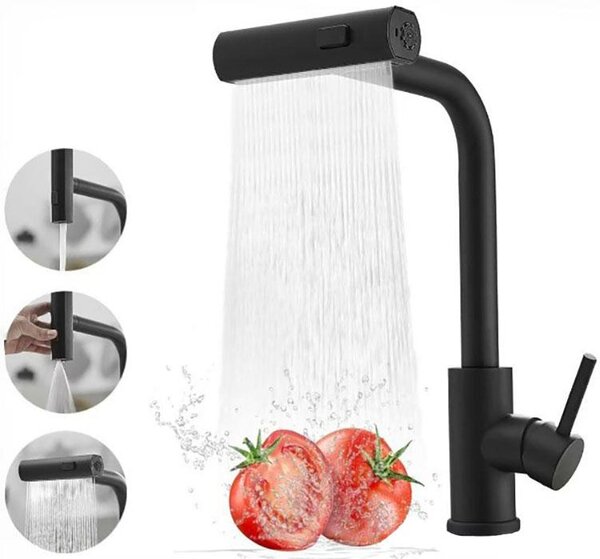 Miscelatore da cucina – Miscelatore doccia estraibile – Acciaio inossidabile – 3 funzioni – Rotazione a 360° – Miscelatore per cucina – Nero