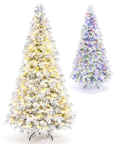 Costway Albero di natale artificiale con neve e supporto metallico per la casa e l'ufficio, Albero con luci led punte dei rami 9 modalità di illuminazione 210 cm