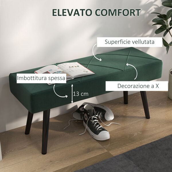 HOMCOM Panca Imbottita Fondoletto in Tessuto Effetto Velluto e Acciaio, 100x36x45 cm, Verde e Nero|Aosom