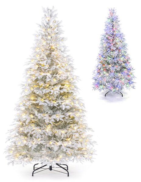Costway Albero di natale artificiale con neve e supporto metallico per la casa e l'ufficio, Albero con luci led punte dei rami 9 modalità di illuminazione 180 cm