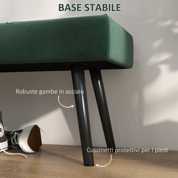 HOMCOM Panca Imbottita Fondoletto in Tessuto Effetto Velluto e Acciaio, 100x36x45 cm, Verde e Nero|Aosom