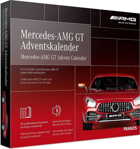 FRANZIS 67103 - Calendario dell'Avvento Mercedes-AMG GT, kit di montaggio in metallo in scala 1:43, incl. modulo sonoro e libretto di 52 pagine
