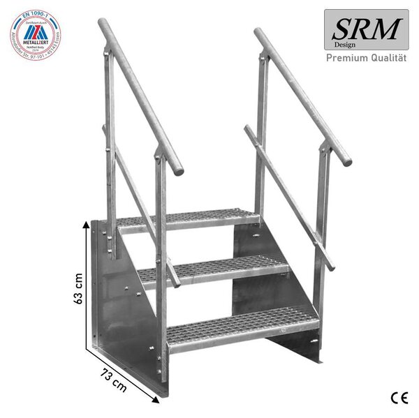 Scala a tre gradini, modello 1, zincata, larghezza 160 cm, altezza 63 cm. 2 corrimano angolari