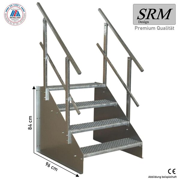 Scala a pioli autoportante a 4 gradini, modello 1, zincata, larghezza 100 cm, altezza 84 cm. 2 corrimano angolari