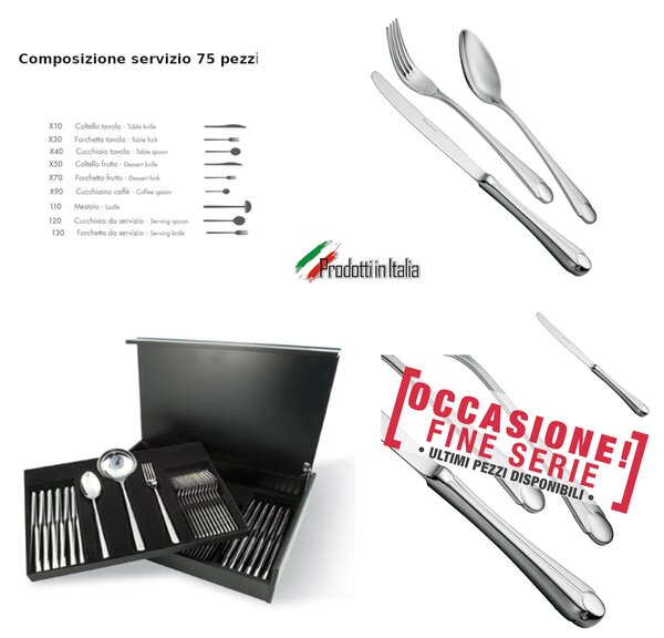 Servizio Posate 75 Pezzi NACRE in acciaio inox 18/10 lucidato a specchio Forgiato in Astuccio di Legno