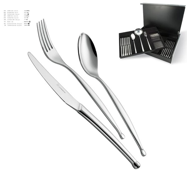 Servizio Posate 75 Pezzi 12 posti tavola PUNTO 3 mm in acciaio inox 18/10 lucidato a specchio in astuccio di legno