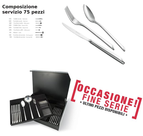 Servizio posate da 75 pezzi in Astuccio dI Legno coltello manico vuoto Linea Goccia, EME acciaio 18/10 ( Aisi 304) , spessore 4 mm