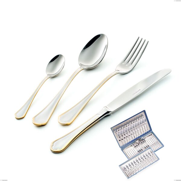 Servizio di posate 75 pezzi in astuccio regalo Domus Oro, acciaio 18-10, oro 24 carati lucido, spessore 3 mm