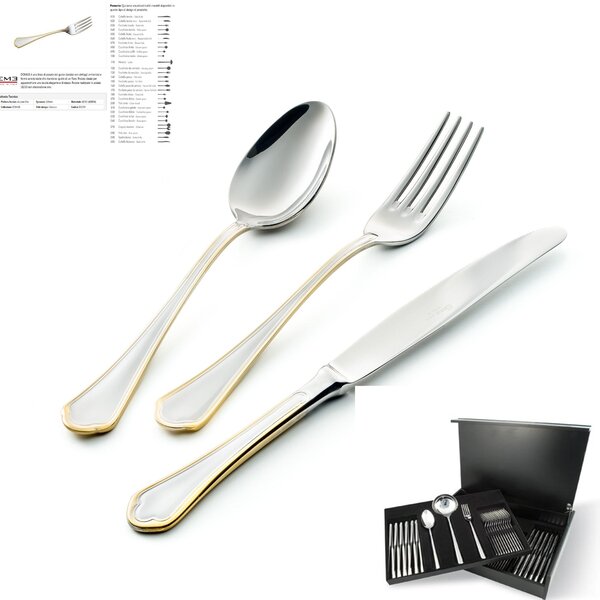 Servizio Posate DOMUS ORO 113 pezzi acciaio inox 18/10 lucidato a specchio spessore 3 mm in astuccio legno