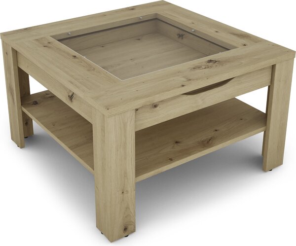 ByLIVING Tavolino da salotto RALPH / Tavolino moderno con inserto in vetro e ampio cassetto in rovere Artisan / Tavolino da salotto con ampio spazio contenitivo / L 67, A 43, P 67 cm