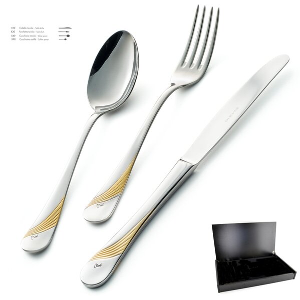 Set Posate MILANO INCISO ORO 24 pezzi in acciaio 18/10 lucidate a specchio spessore 2,5 mm in Astuccio Legno